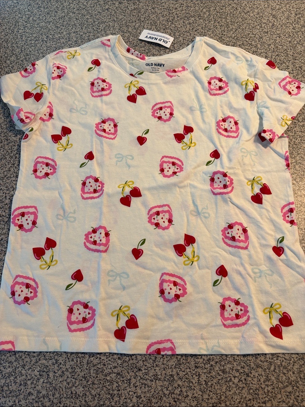 Old Navy White Tee with Pink Cake and Red Cherry Print NWT